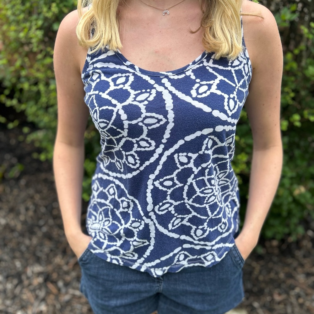 Navy Blue & White Floral Patterned Tank